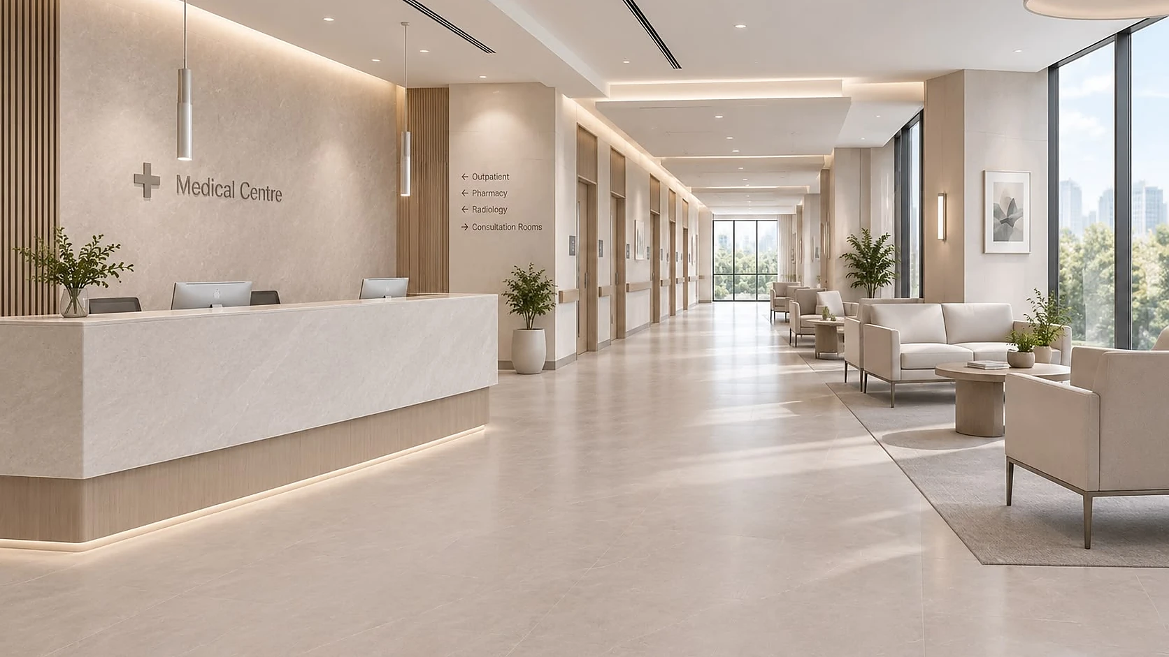 Contemporary medical centre reception with antibacterial porcelain surfaces