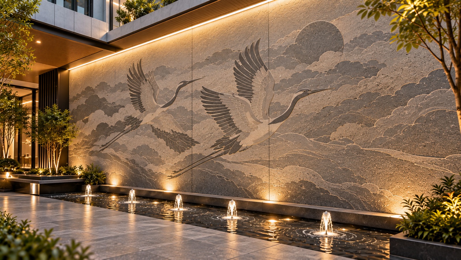 Illuminated crane artwork integrated into a graphic concrete wall