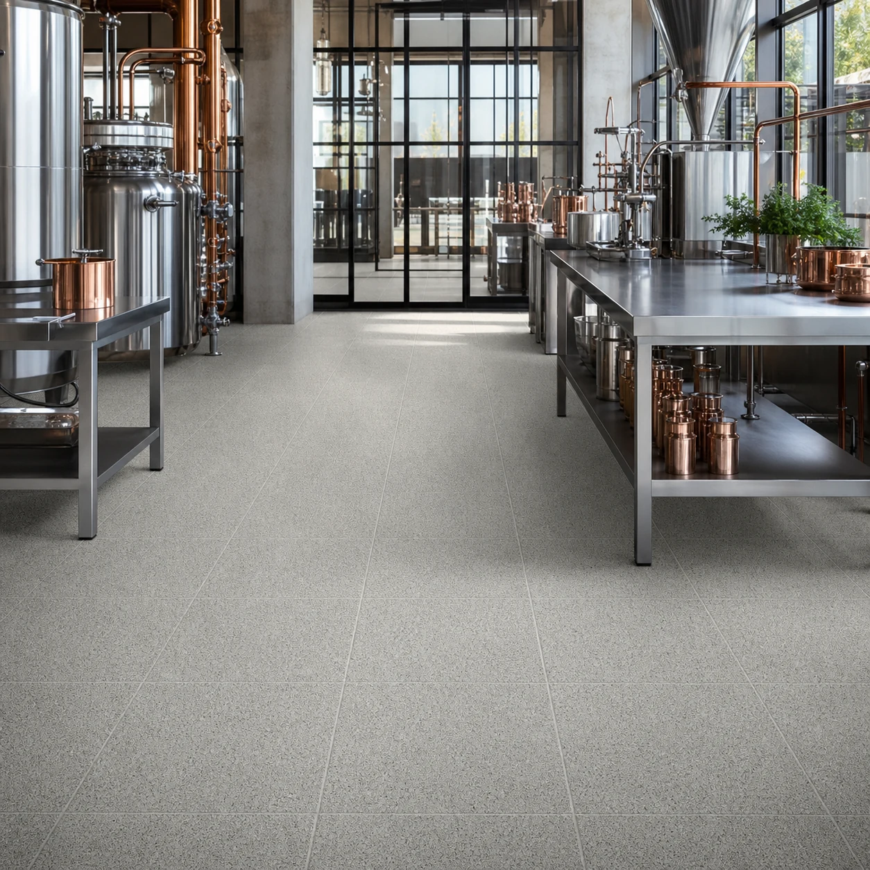 Fine-speckled grey floor in a refined food production room