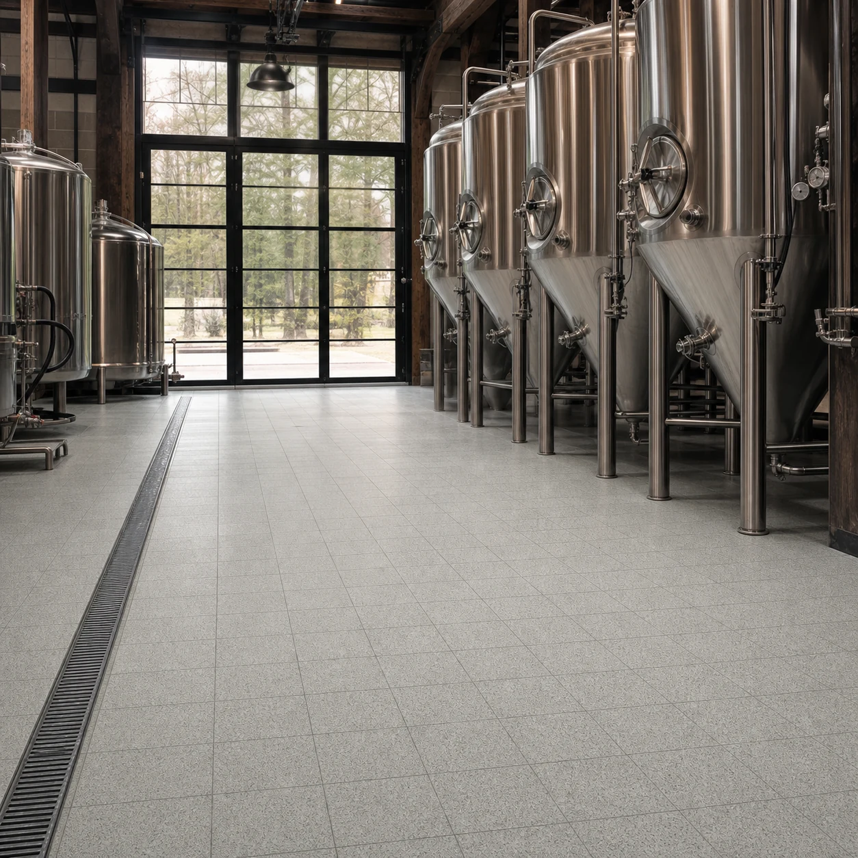 Arkansas porcelain tiles across a craft brewery floor