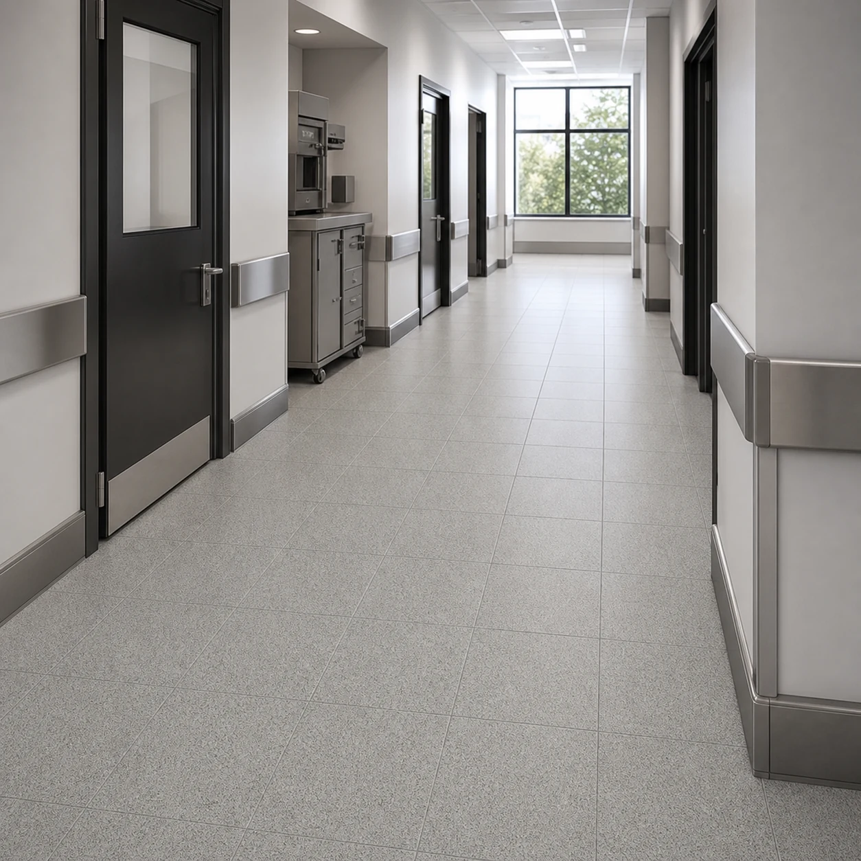 Grey speckled tiles in a hospital technical corridor