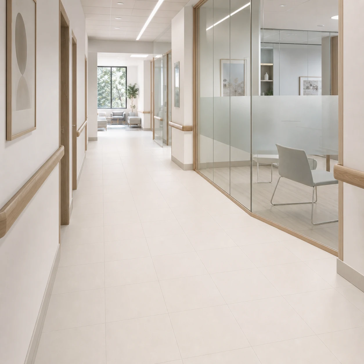 Neutral white porcelain tiles in a calm healthcare corridor