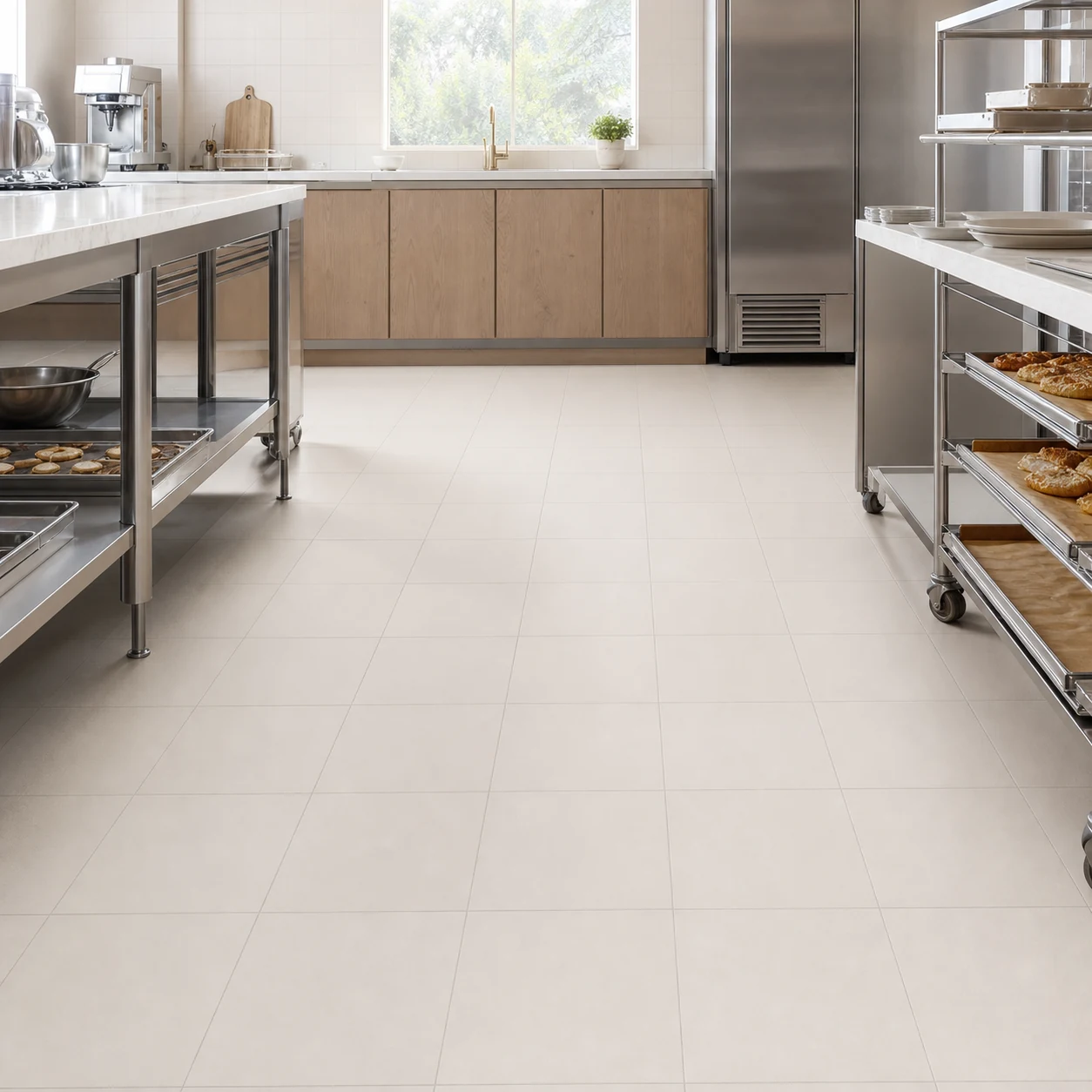 Bianco B porcelain tiles in a professional pastry kitchen