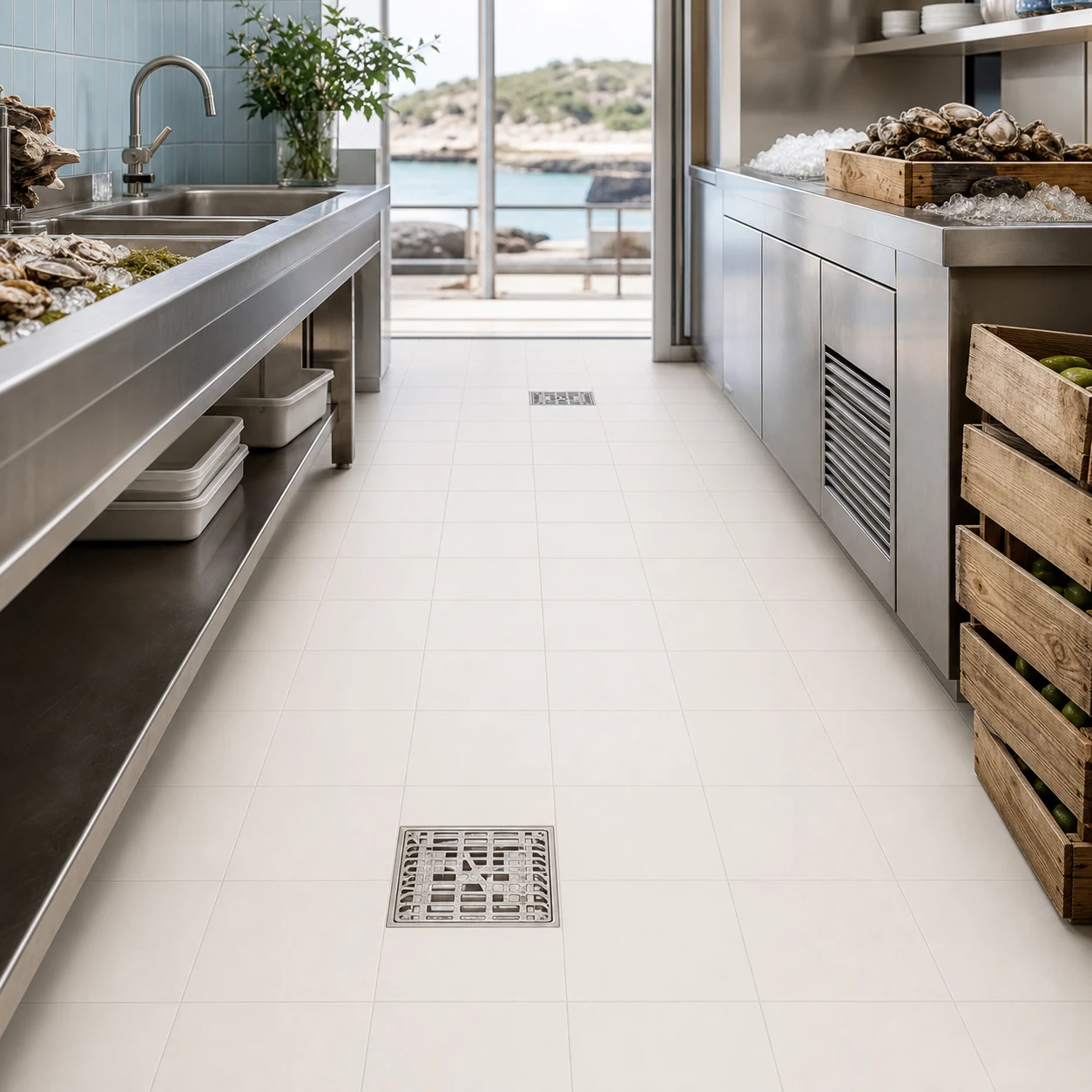 Neutral white technical tiles in a coastal seafood preparation space