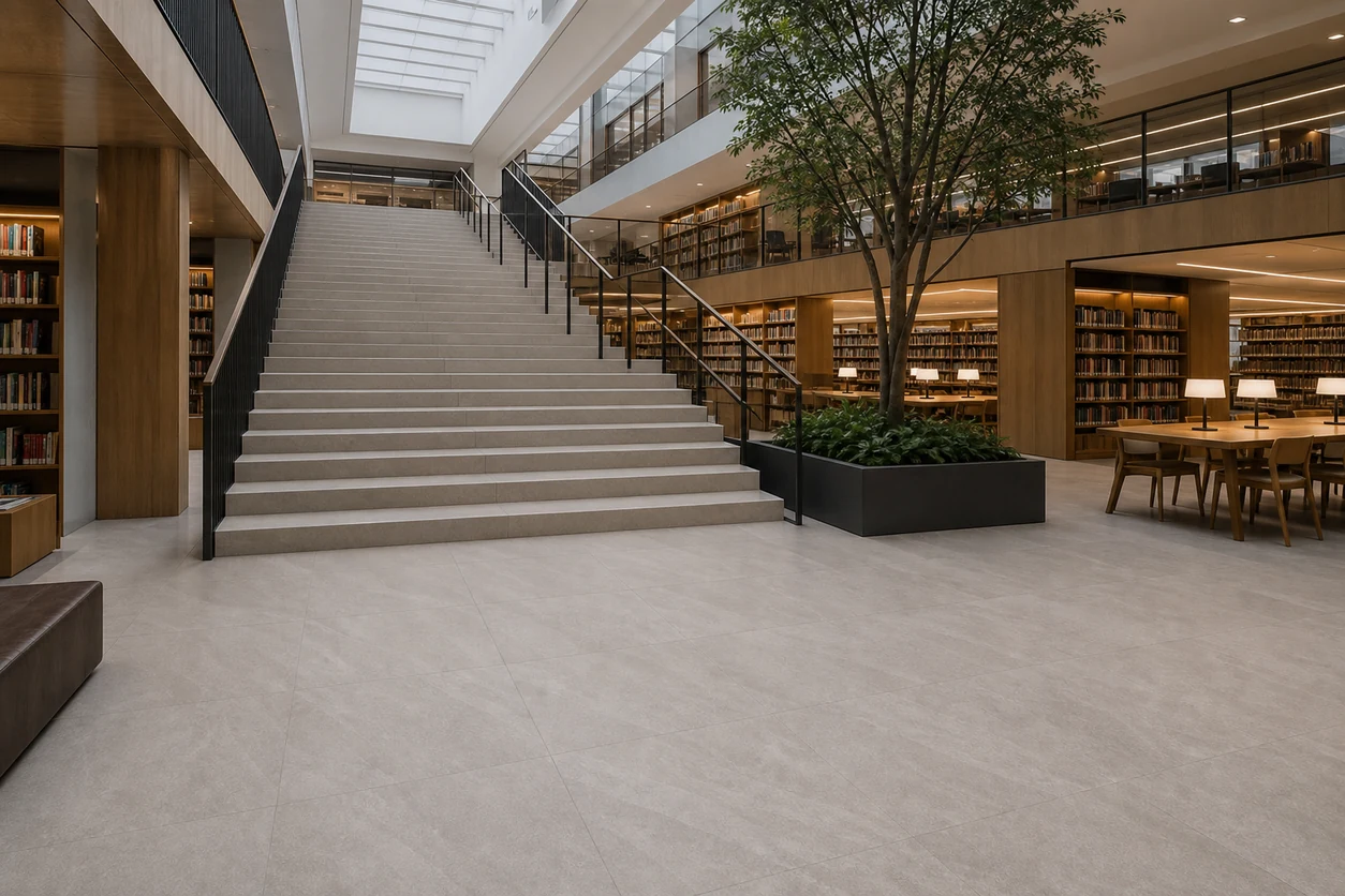 Era – Grigio porcelain tile in research library atrium