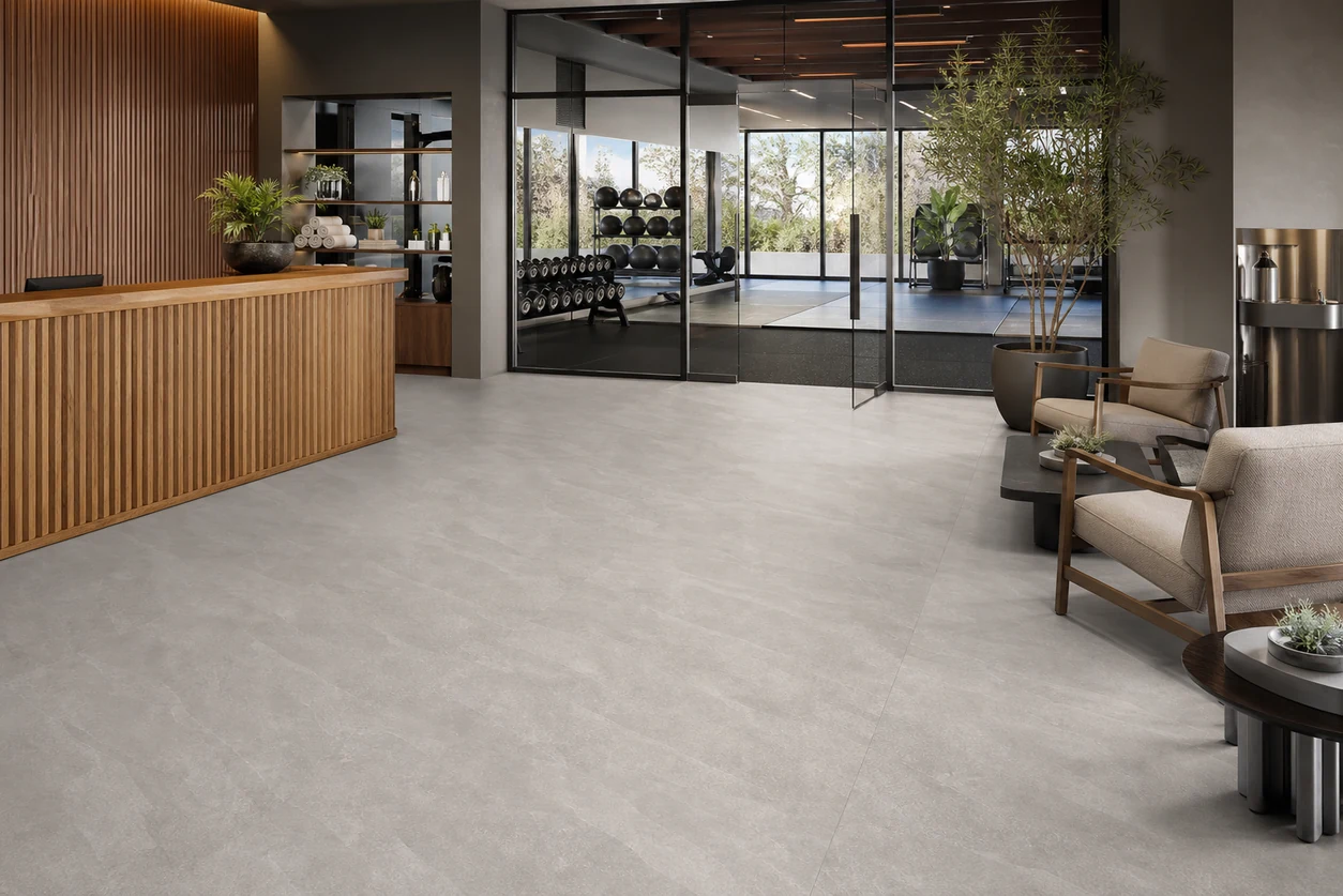 Era – Grigio porcelain tile in hotel fitness club