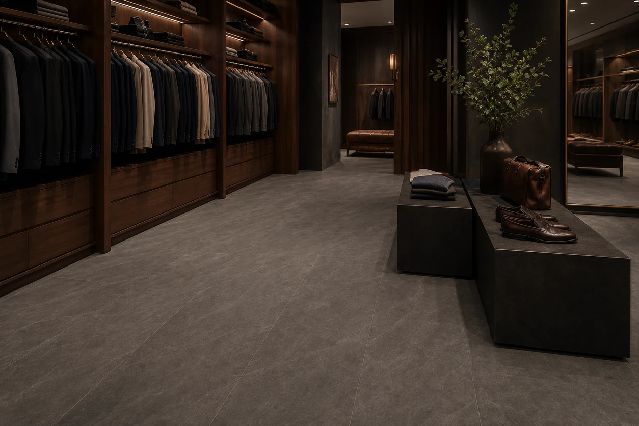 Era – Pepe porcelain tile in tailored menswear boutique
