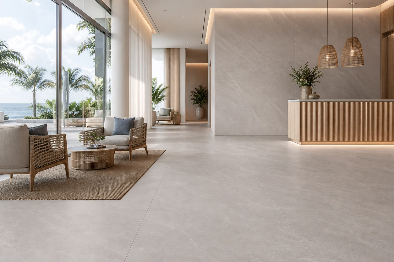 Era – Perla porcelain tile in coastal resort lobby