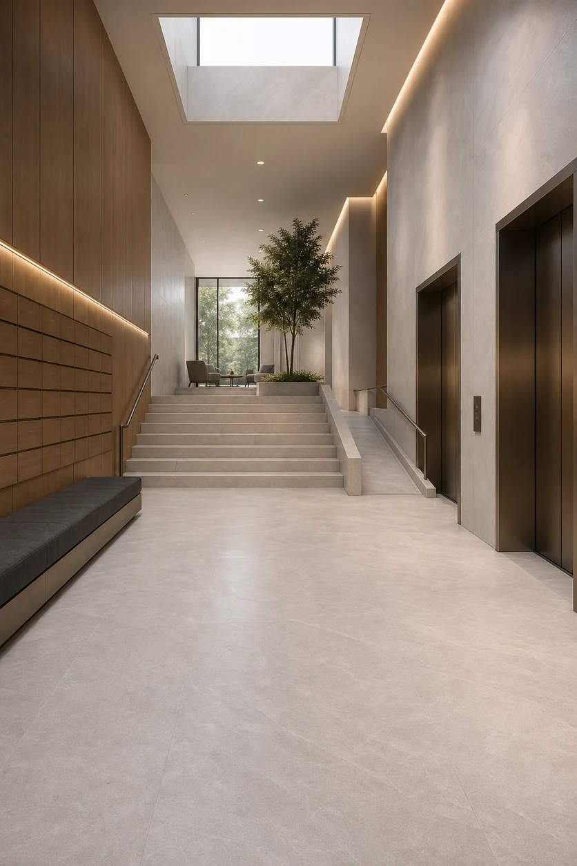 Era – Perla porcelain tile in residential tower atrium