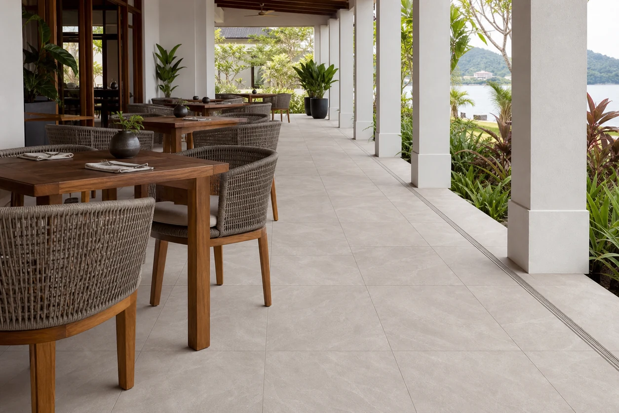 Era – Perla porcelain tile in covered resort terrace