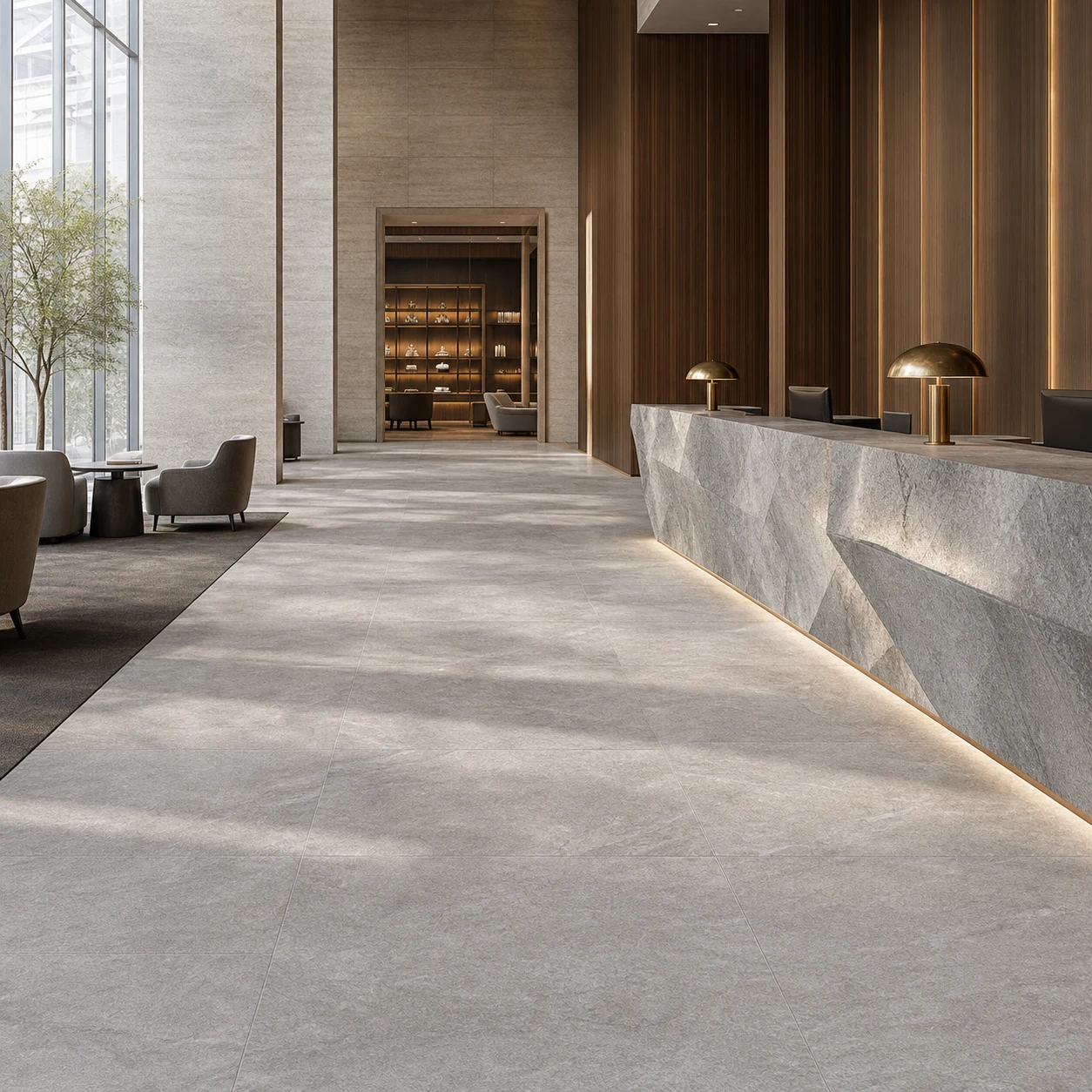 Petra – Grigio porcelain tile in international hotel lobby
