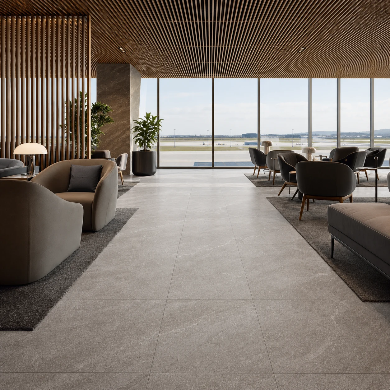 Petra – Grigio porcelain tile in airport lounge
