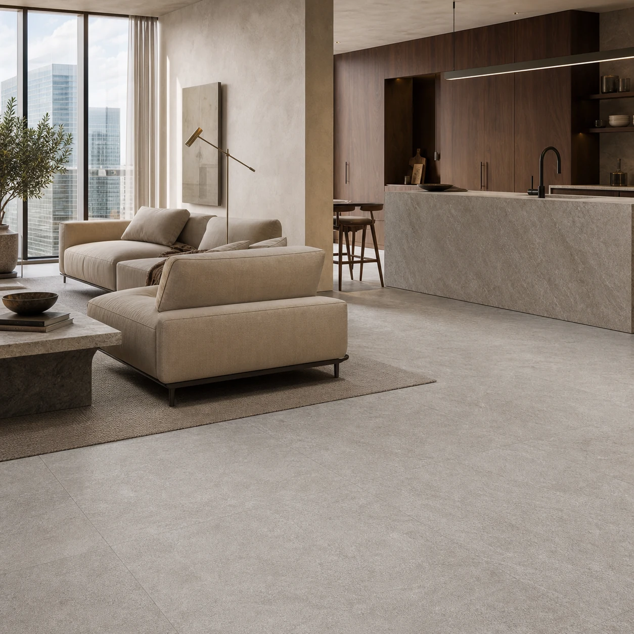 Petra – Grigio porcelain tile in urban penthouse