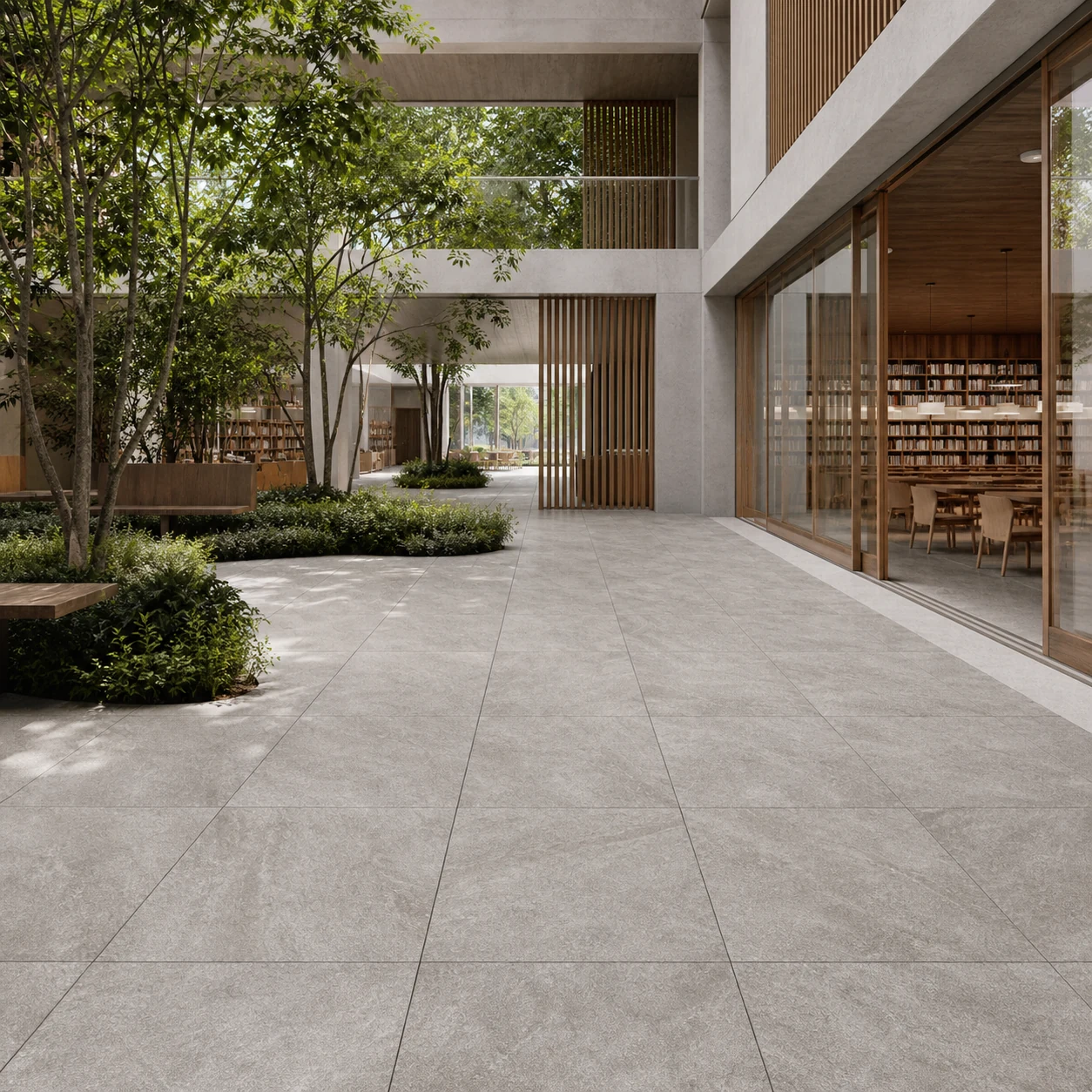 Petra – Grigio porcelain tile in public library atrium