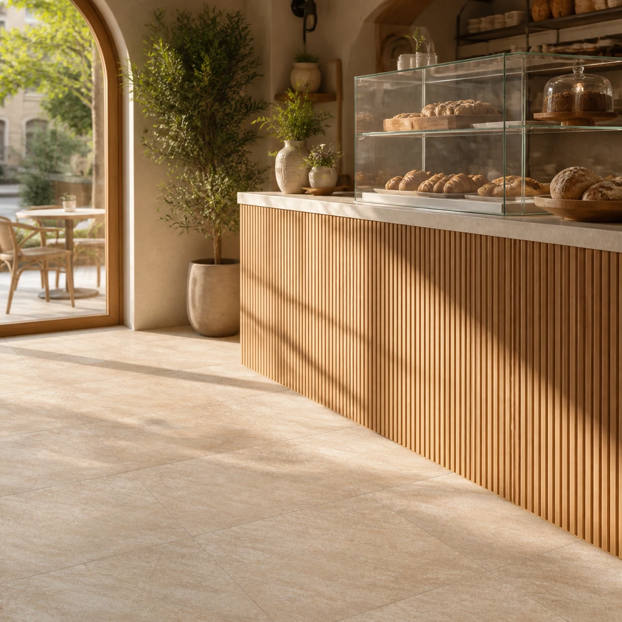 Petra – Oro porcelain tile in boutique bakery café