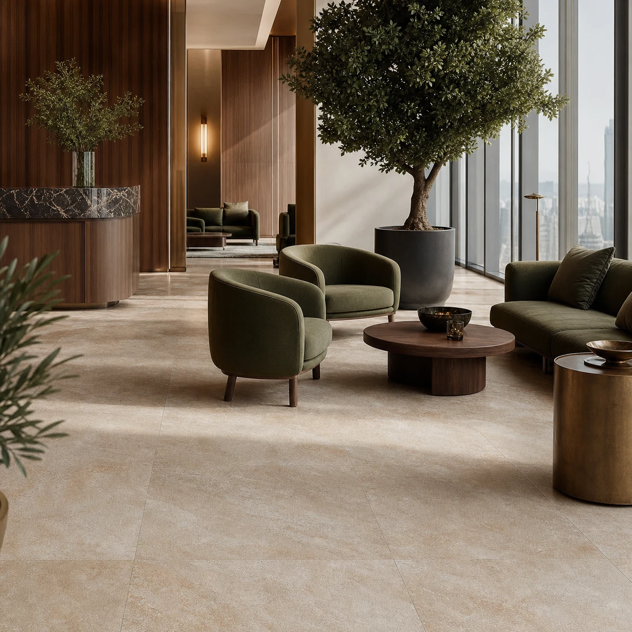 Petra – Oro porcelain tile in corporate hospitality lounge