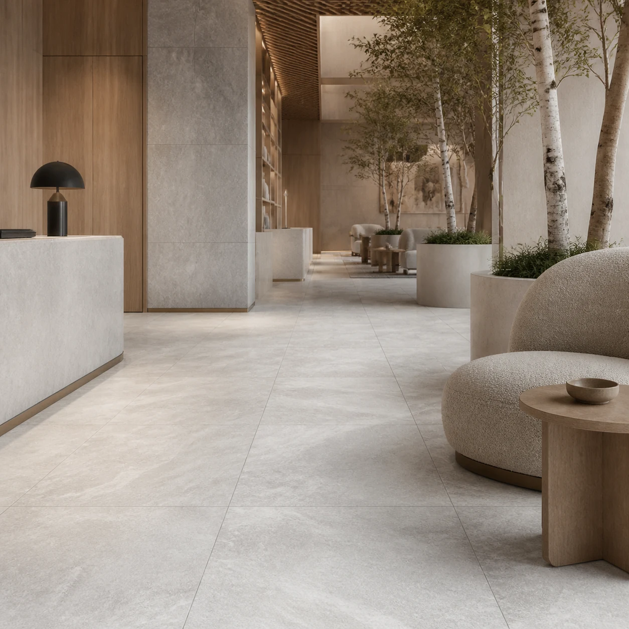 Petra – Perla porcelain tile in scandinavian hotel lobby