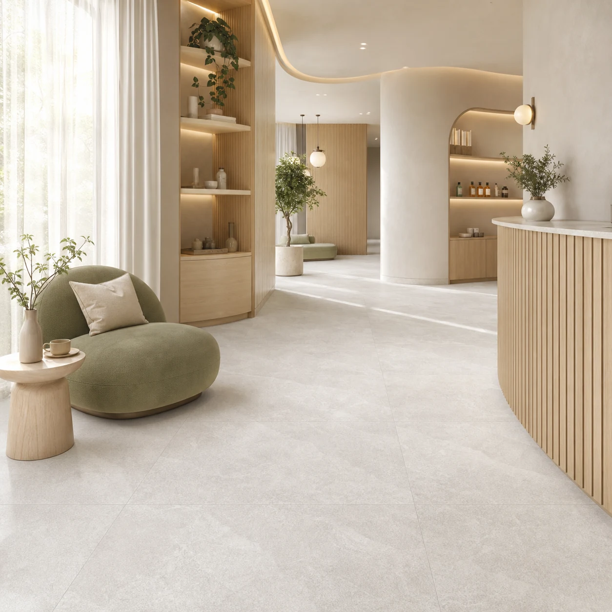 Petra – Perla porcelain tile in clinic wellness lounge