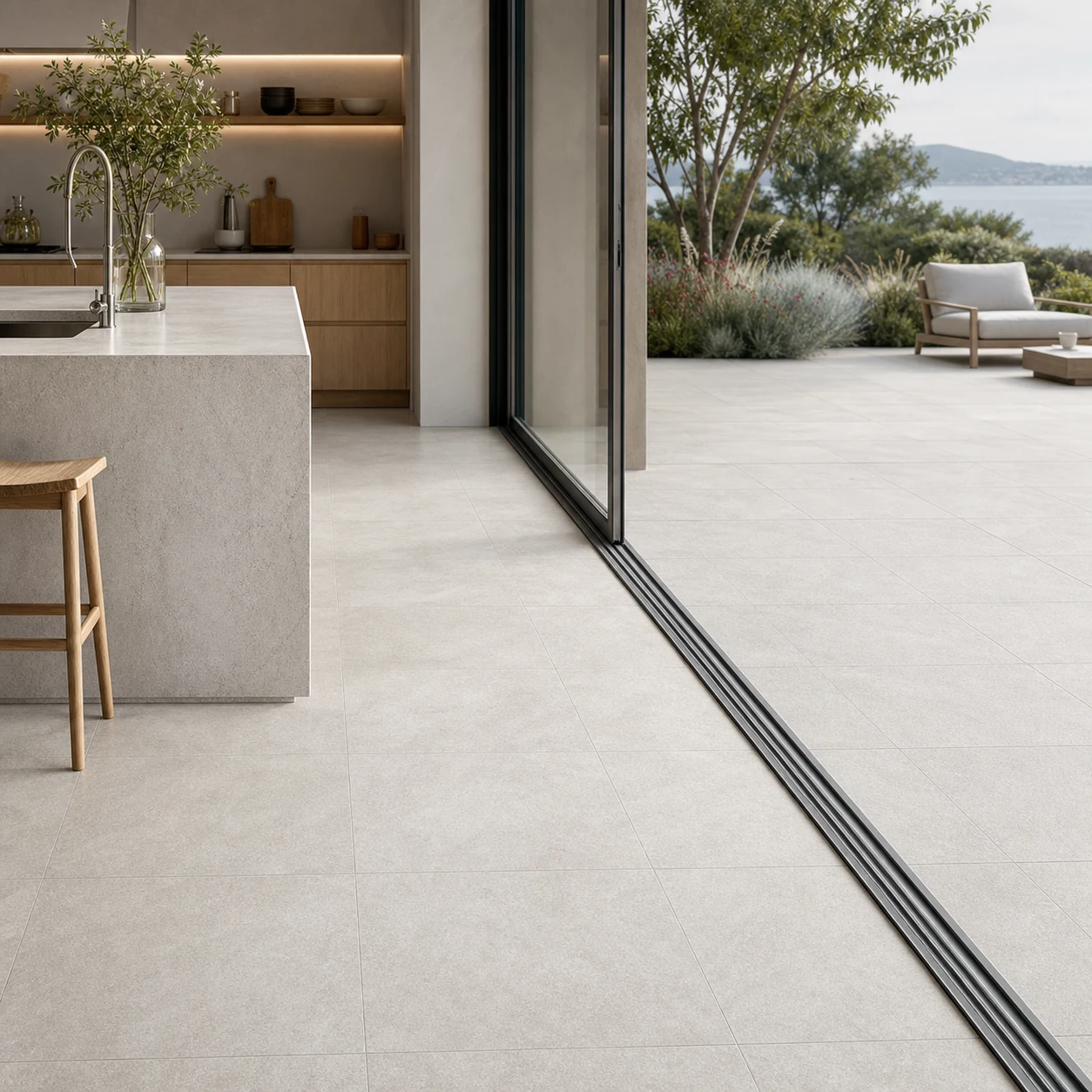 Petra – Perla porcelain tile in villa indoor–outdoor transition