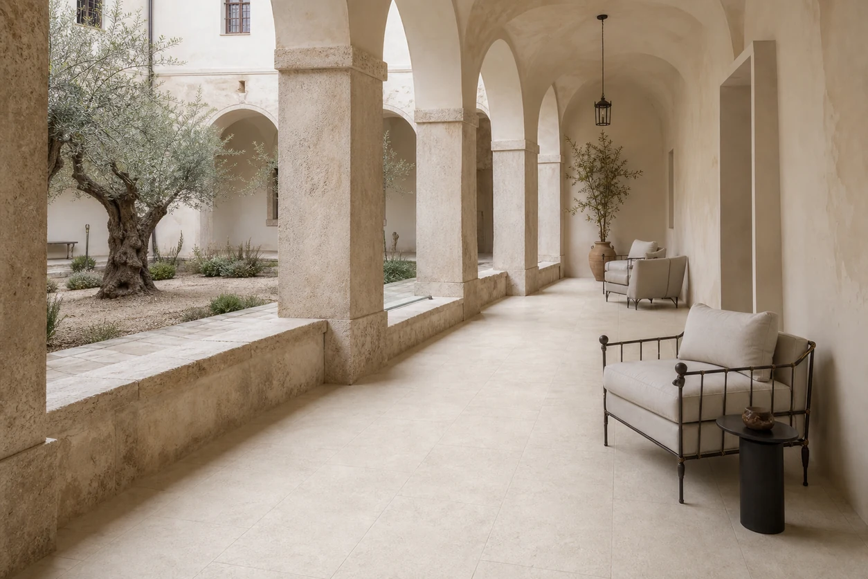 Pietra Tiburtina – Avertino Anticato Cross porcelain tile in monastery hotel cloister