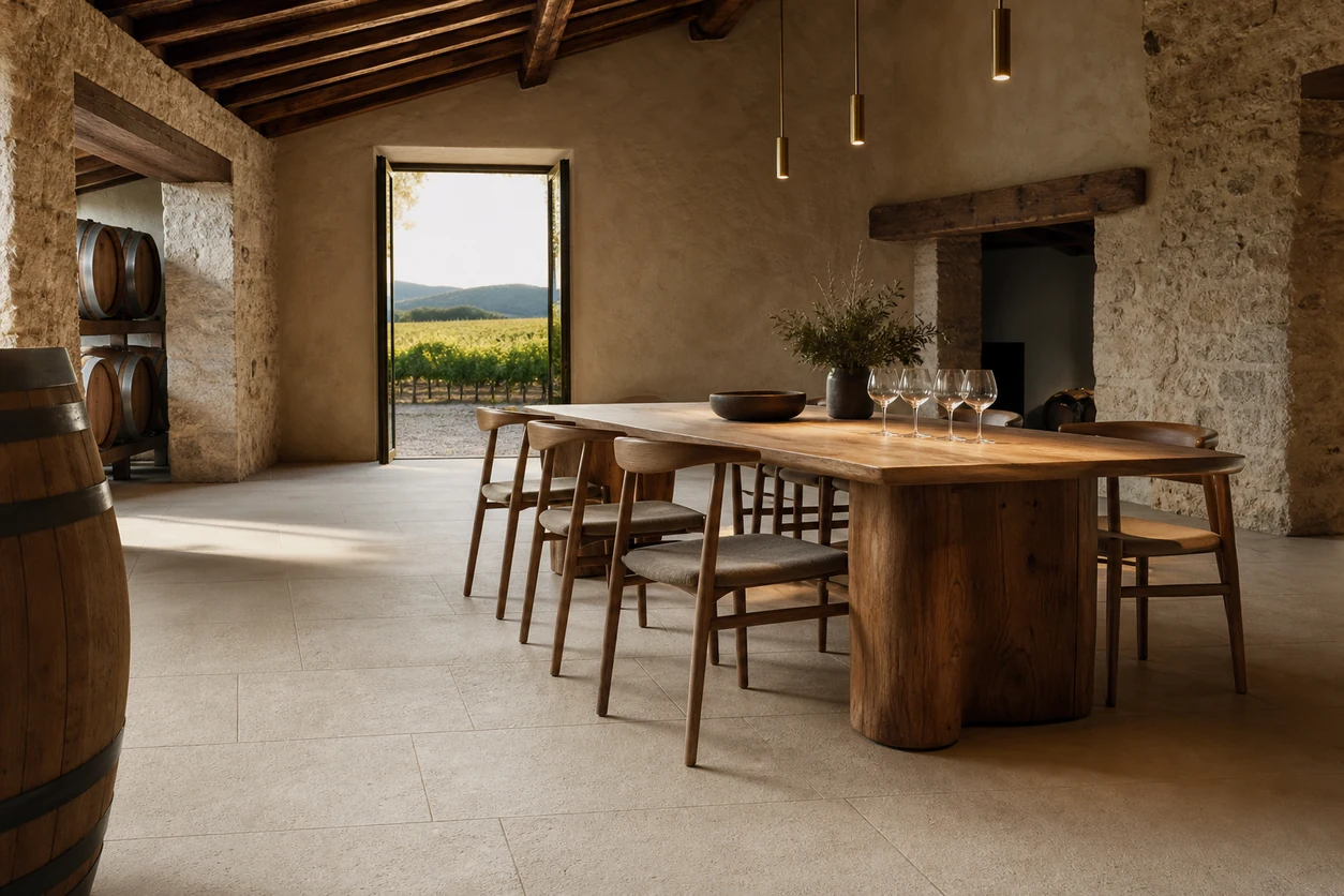 Pietra Tiburtina – Avertino Anticato Cross porcelain tile in artisan winery tasting room