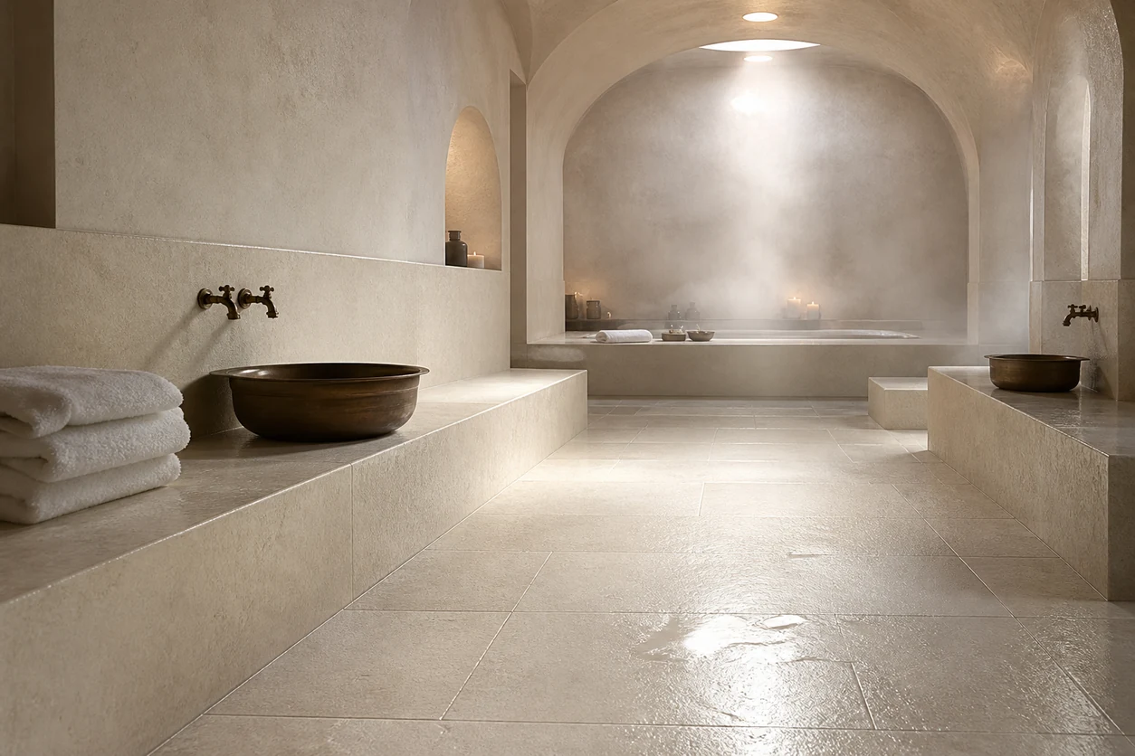 Pietra Tiburtina – Avertino Anticato Cross porcelain tile in historic hammam spa