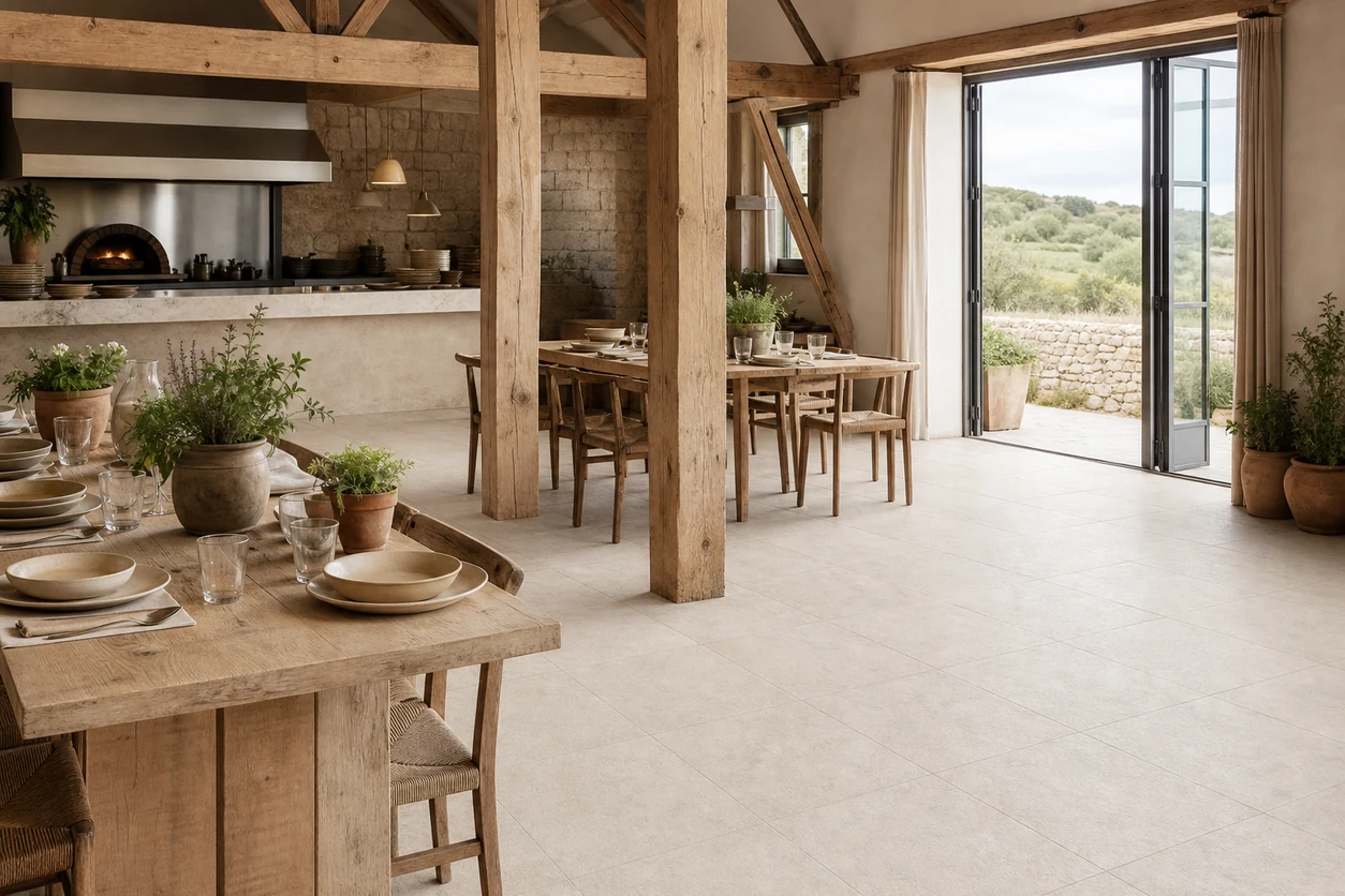 Pietra Tiburtina – Avertino Anticato Cross porcelain tile in farm-to-table restaurant