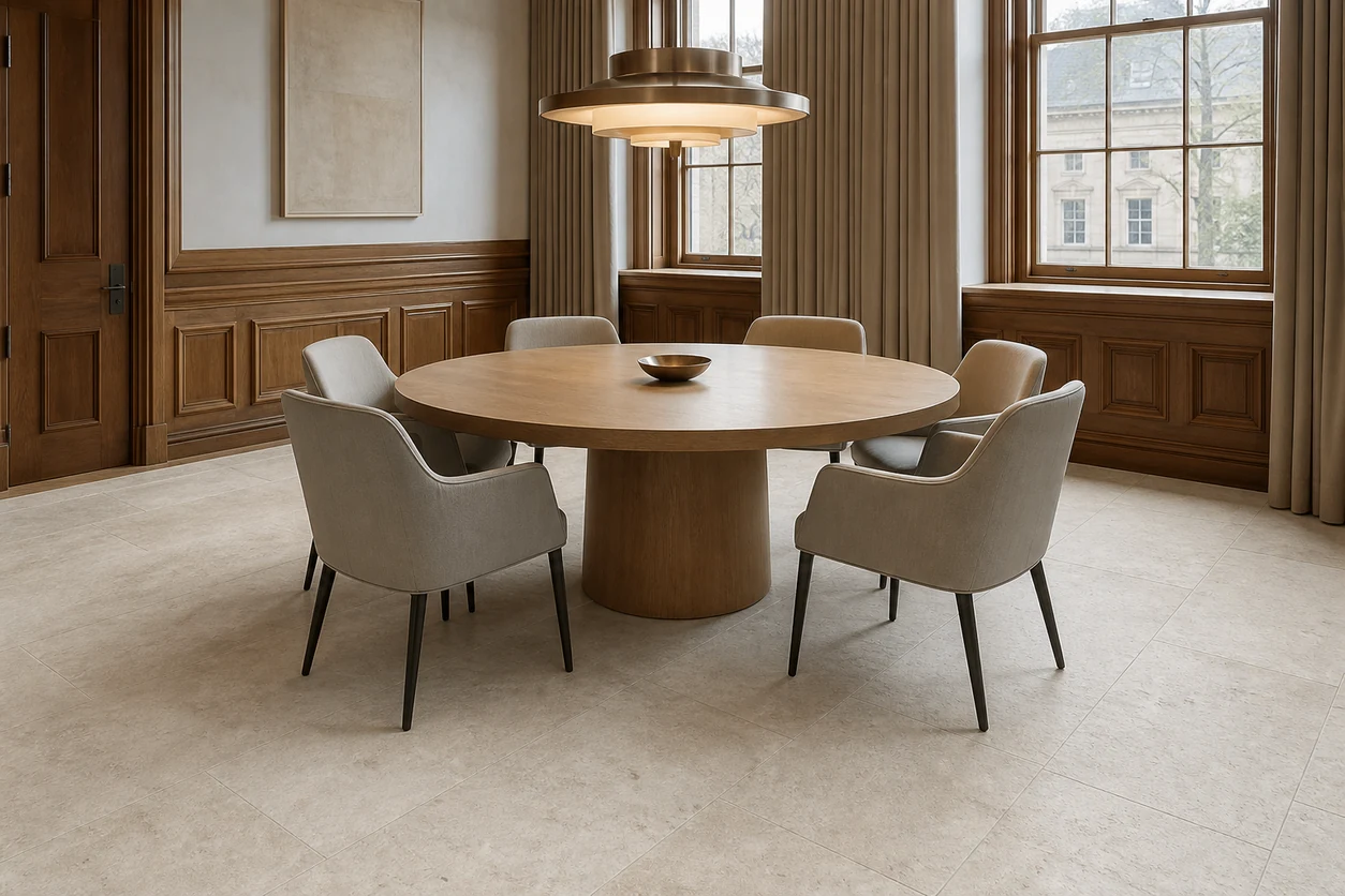 Pietra Tiburtina – Avertino Anticato Cross porcelain tile in courthouse mediation suite