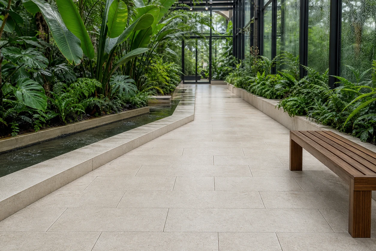 Pietra Tiburtina – Avertino Anticato Cross porcelain tile in botanical conservatory walkway