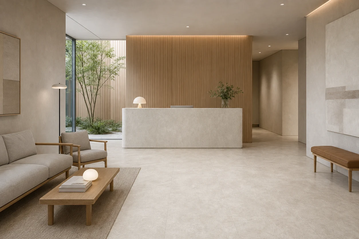 Pietra Tiburtina – Avertino Cross porcelain tile in scandinavian embassy reception