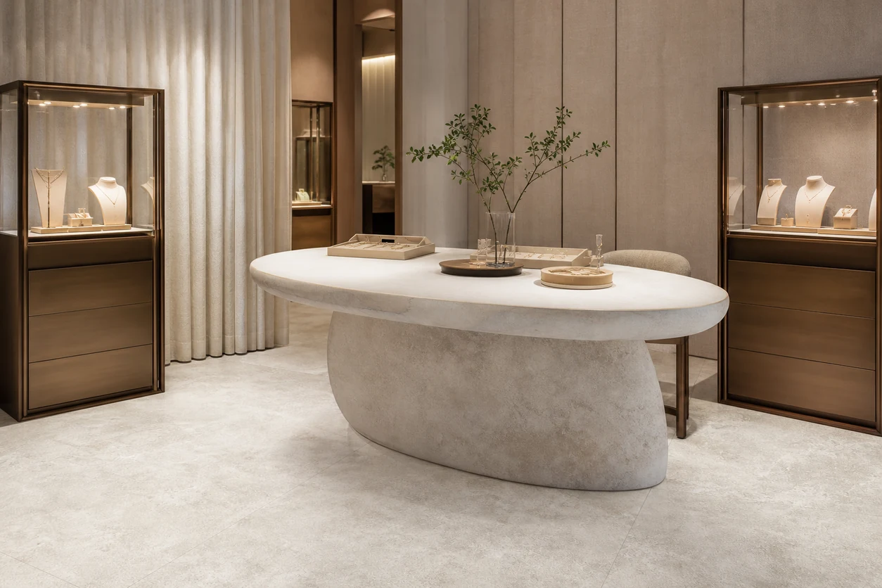 Pietra Tiburtina – Avertino Cross porcelain tile in fine jewellery salon