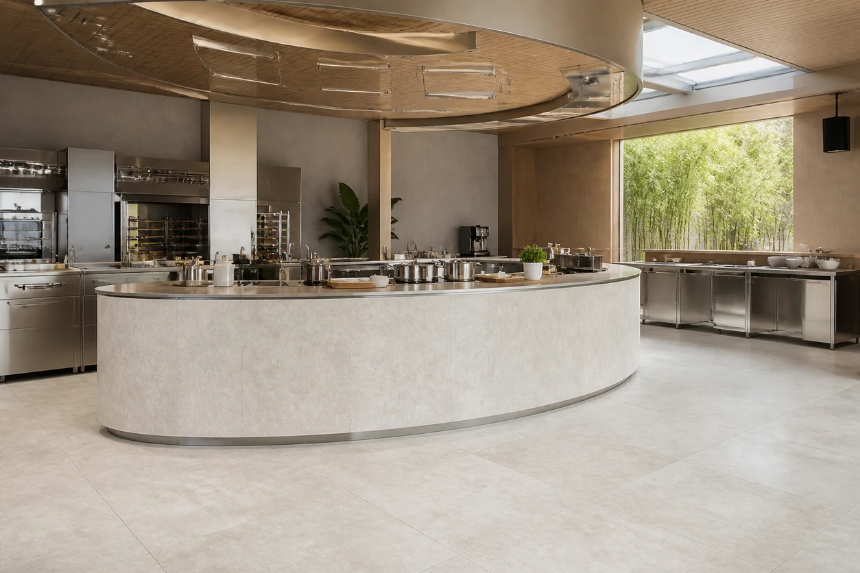 Pietra Tiburtina – Avertino Cross porcelain tile in culinary academy hall
