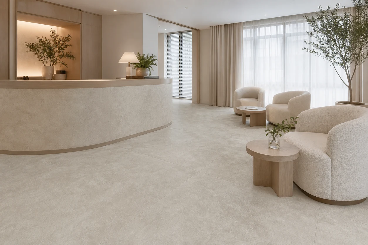 Pietra Tiburtina – Avertino Cross porcelain tile in luxury maternity clinic