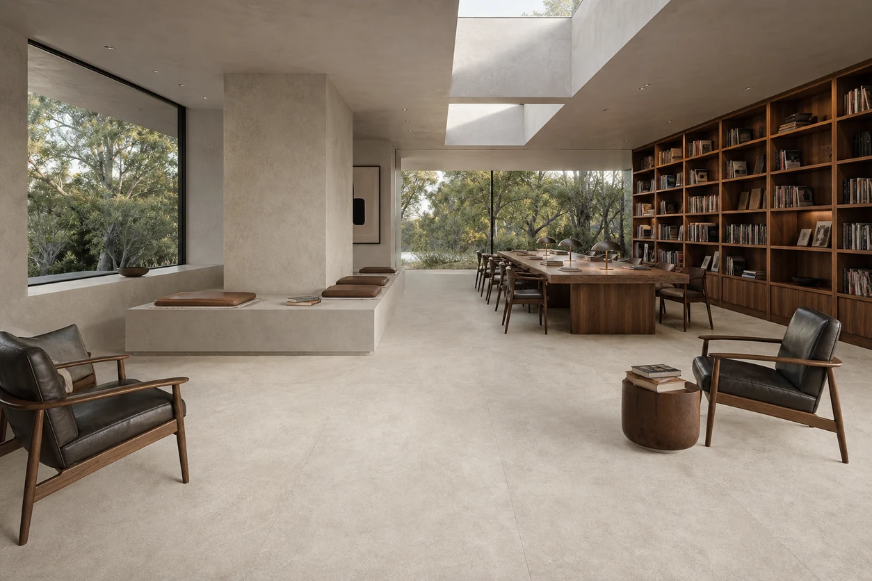 Pietra Tiburtina – Avertino Cross porcelain tile in library reading pavilion