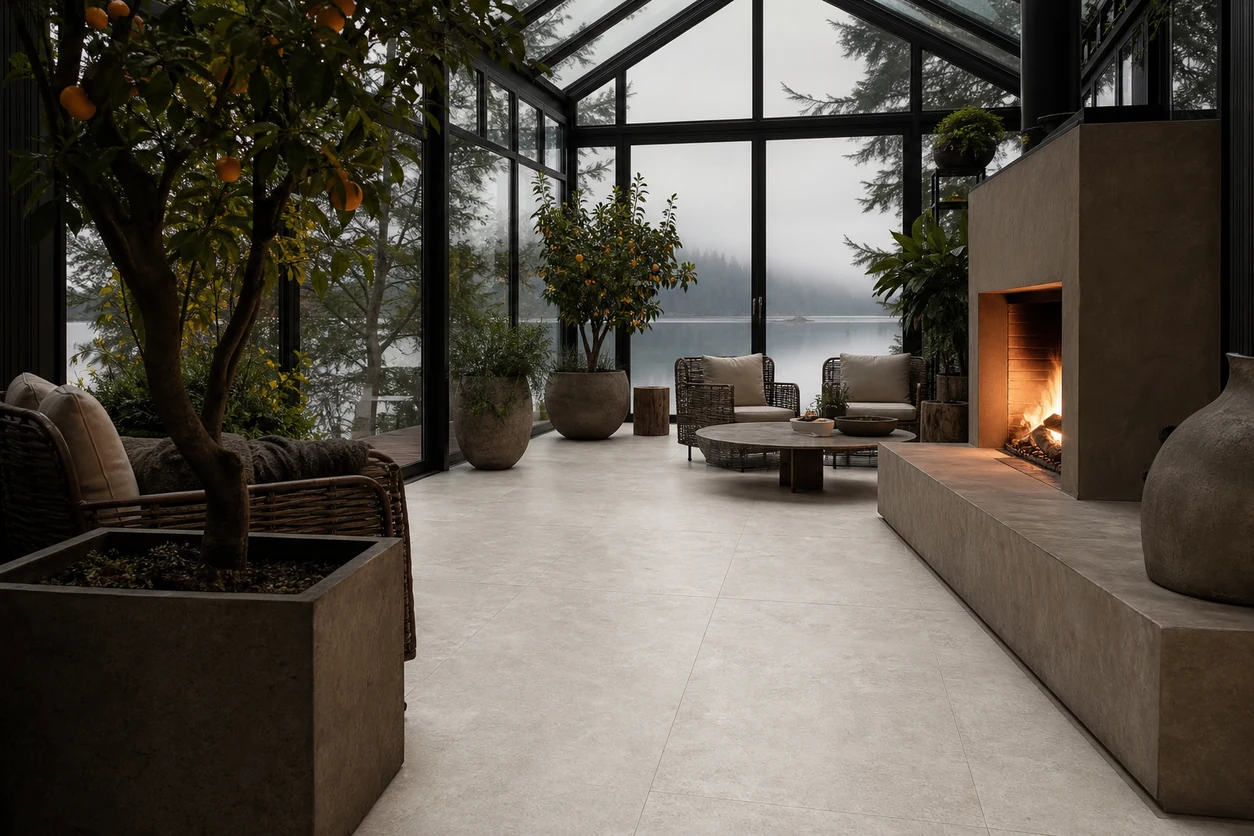 Pietra Tiburtina – Avertino Cross porcelain tile in lakefront lodge winter garden