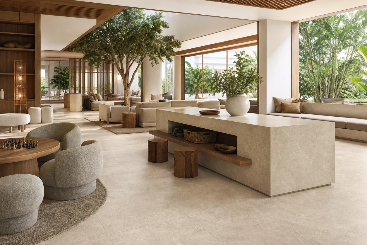 Pietra Tiburtina – Campidoglio Cross porcelain tile in resort family club lounge