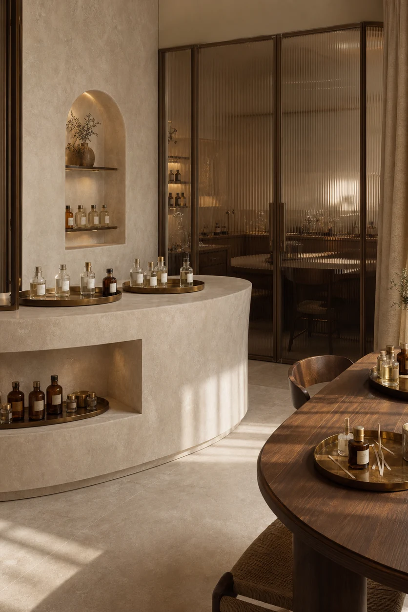 Pietra Tiburtina – Campidoglio Cross porcelain tile in independent perfumery atelier