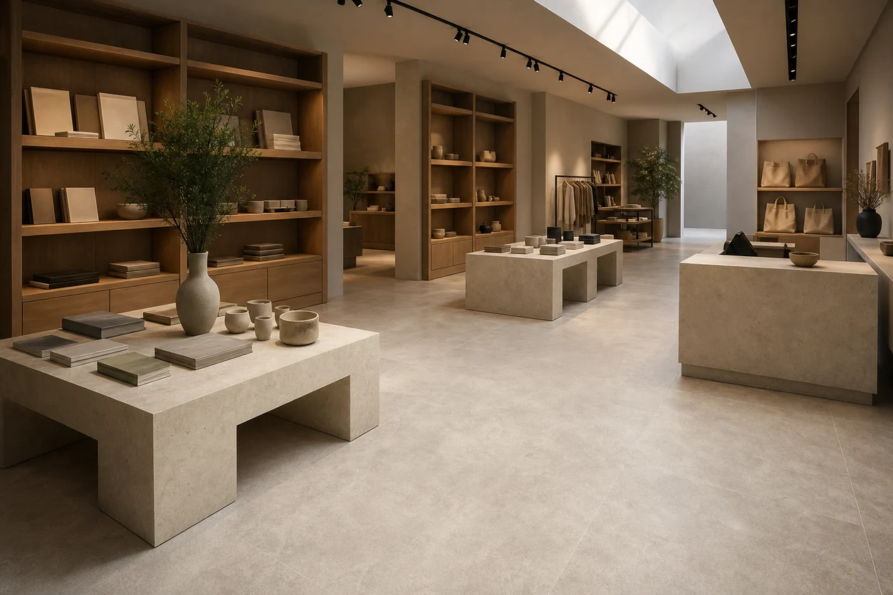 Pietra Tiburtina – Campidoglio Cross porcelain tile in museum gift boutique