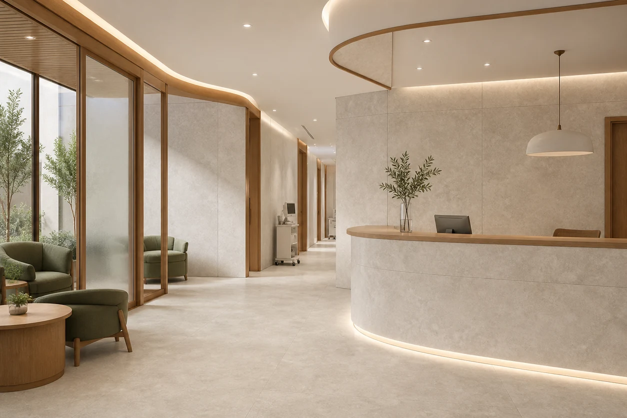 Pietra Tiburtina – Campidoglio Cross porcelain tile in medical day-surgery reception