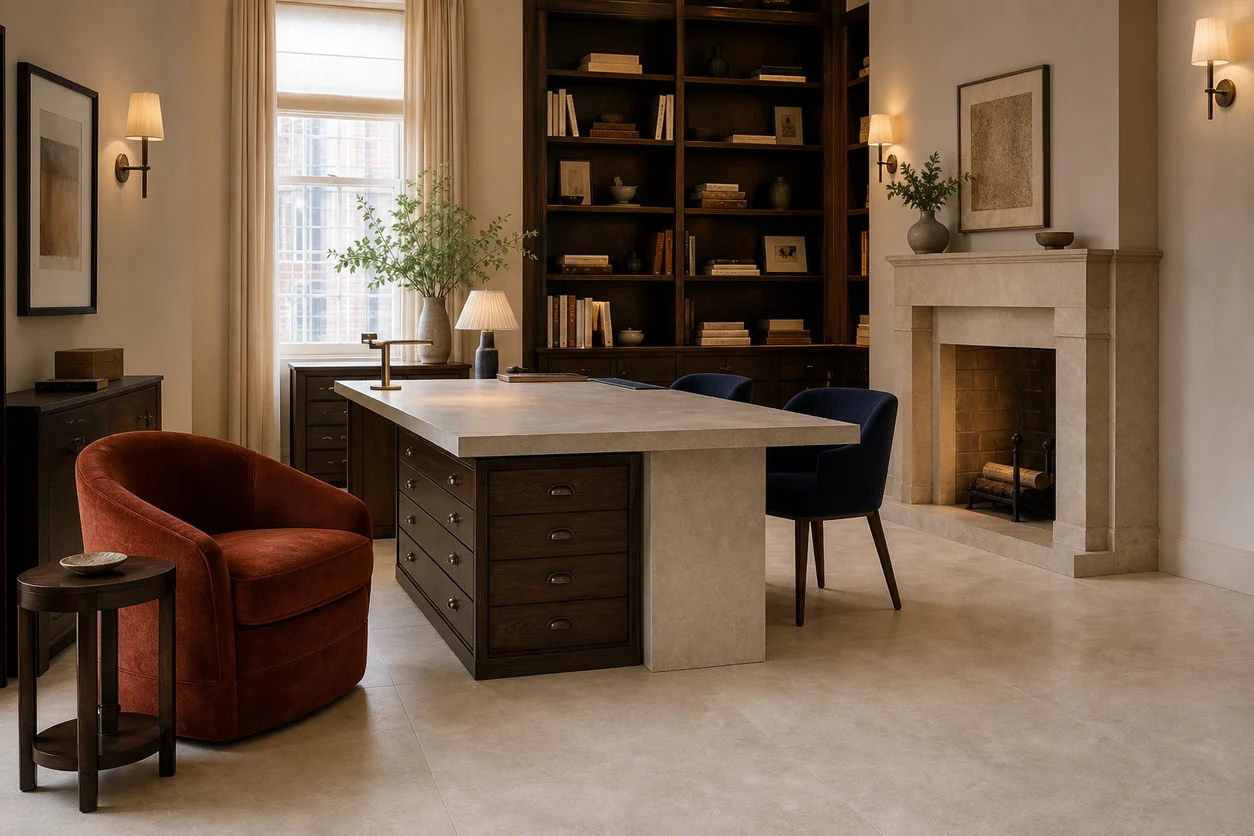 Pietra Tiburtina – Campidoglio Cross porcelain tile in luxury travel planning salon