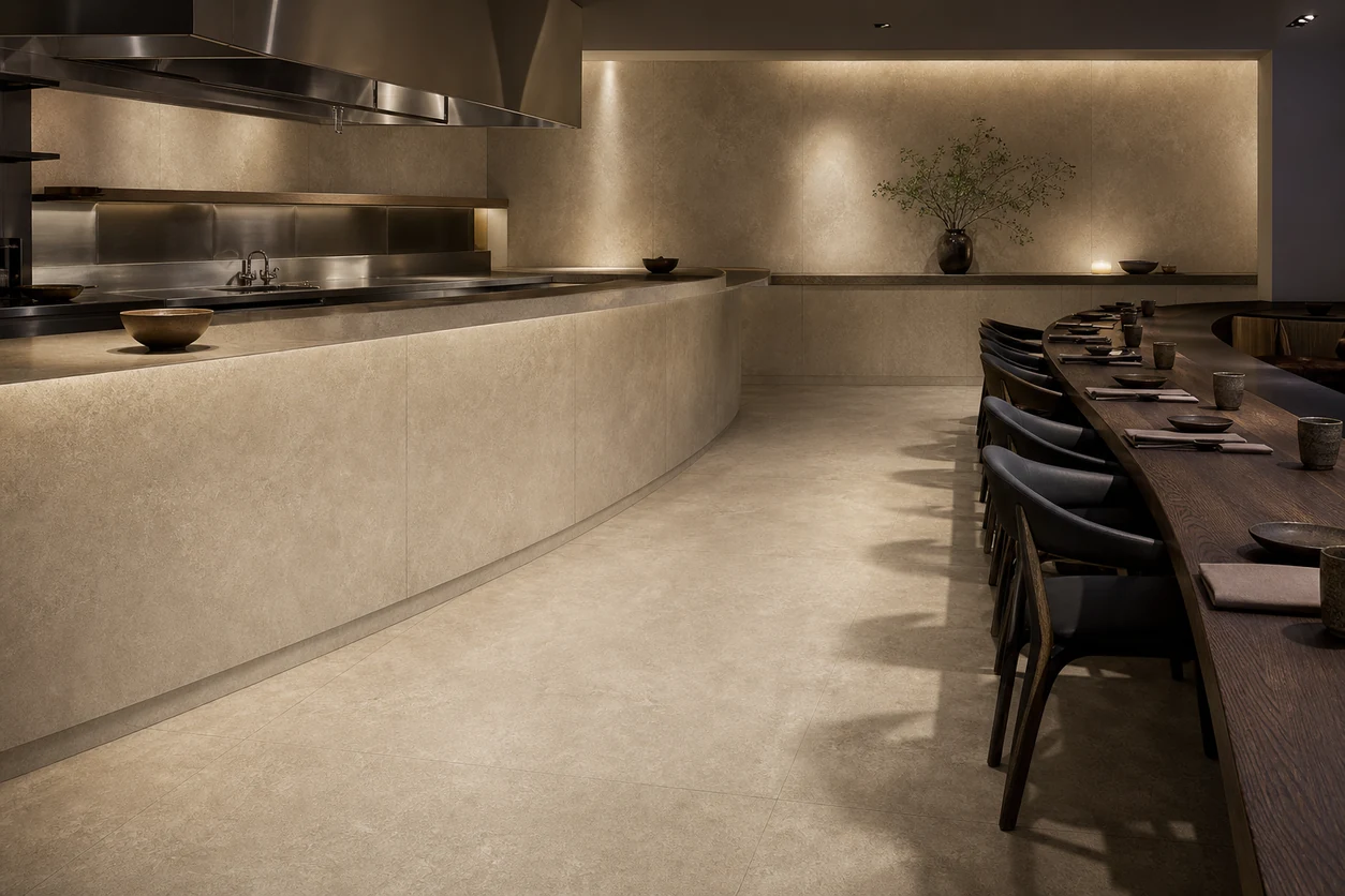 Pietra Tiburtina – Campidoglio Cross porcelain tile in chef’s table dining room