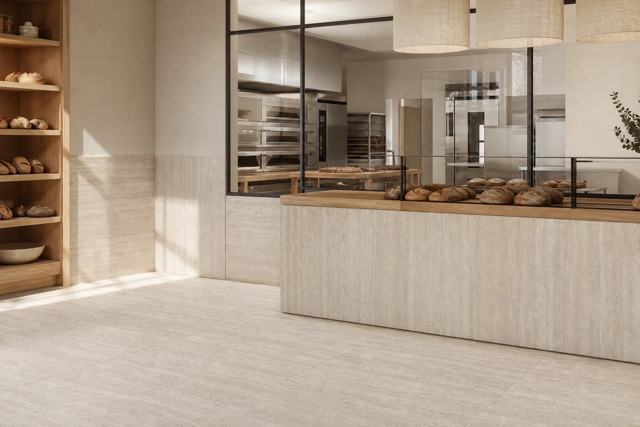 Pietra Tiburtina – Campidoglio Vein porcelain tile in premium bakery production lobby