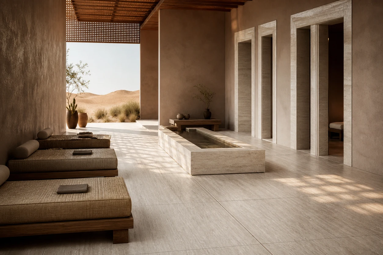Pietra Tiburtina – Campidoglio Vein porcelain tile in desert wellness retreat