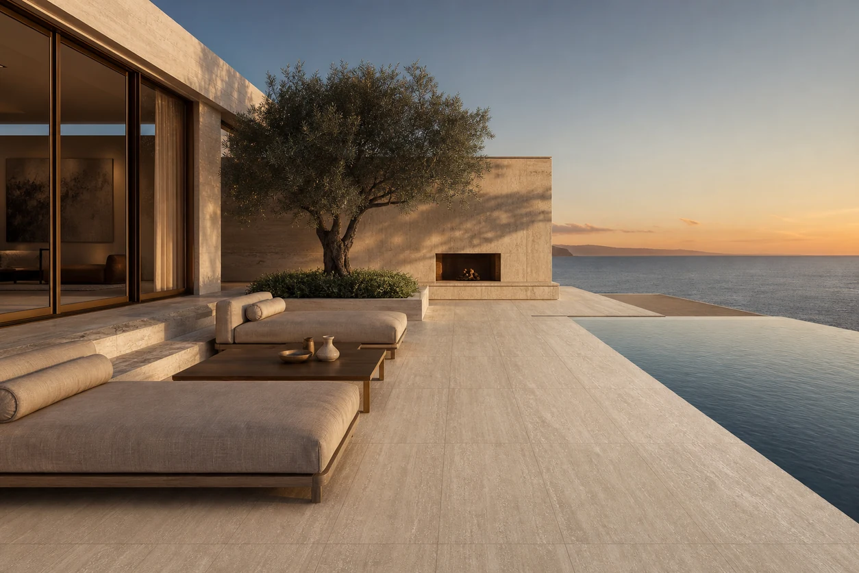 Pietra Tiburtina – Campidoglio Vein porcelain tile in coastal villa infinity terrace