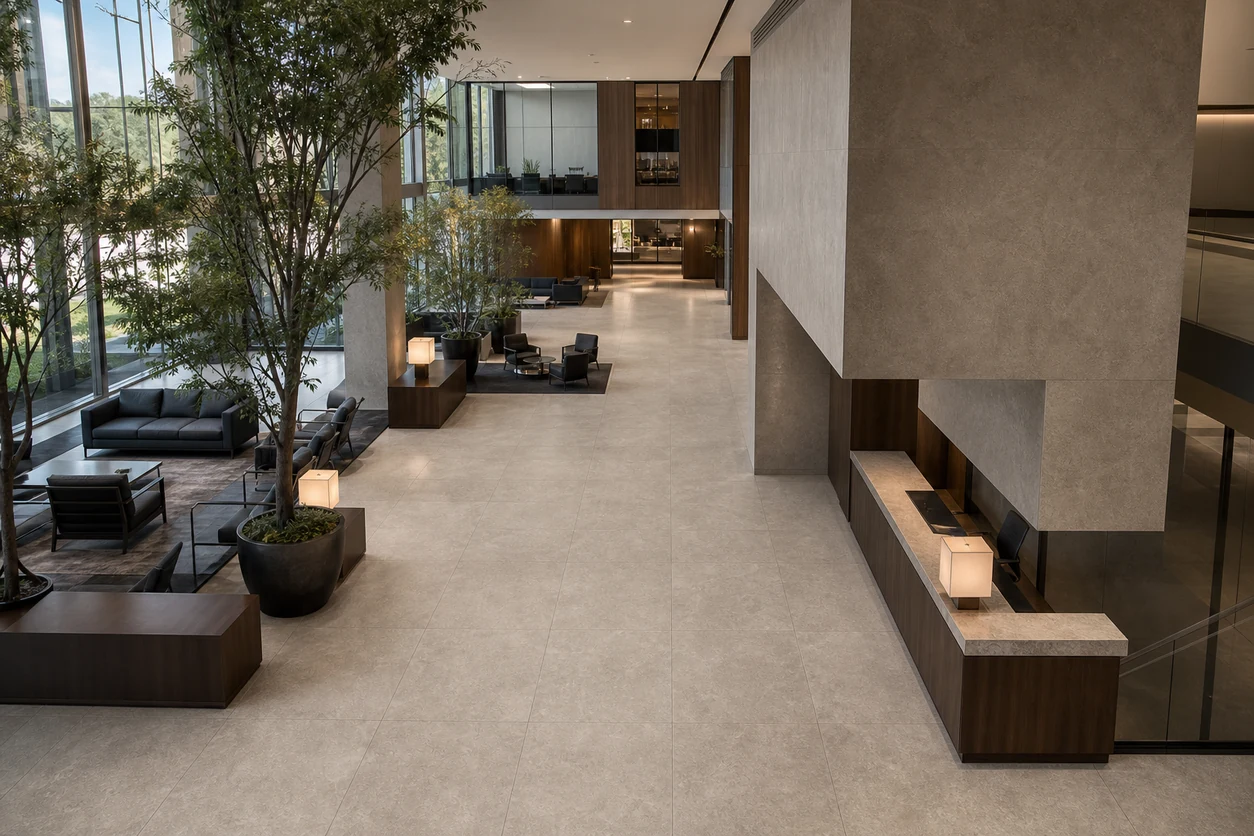 Pietra Tiburtina – Celio Cross porcelain tile in insurance headquarters client centre