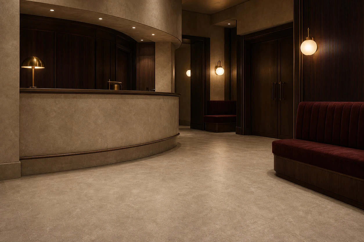 Pietra Tiburtina – Celio Cross porcelain tile in luxury cinema foyer