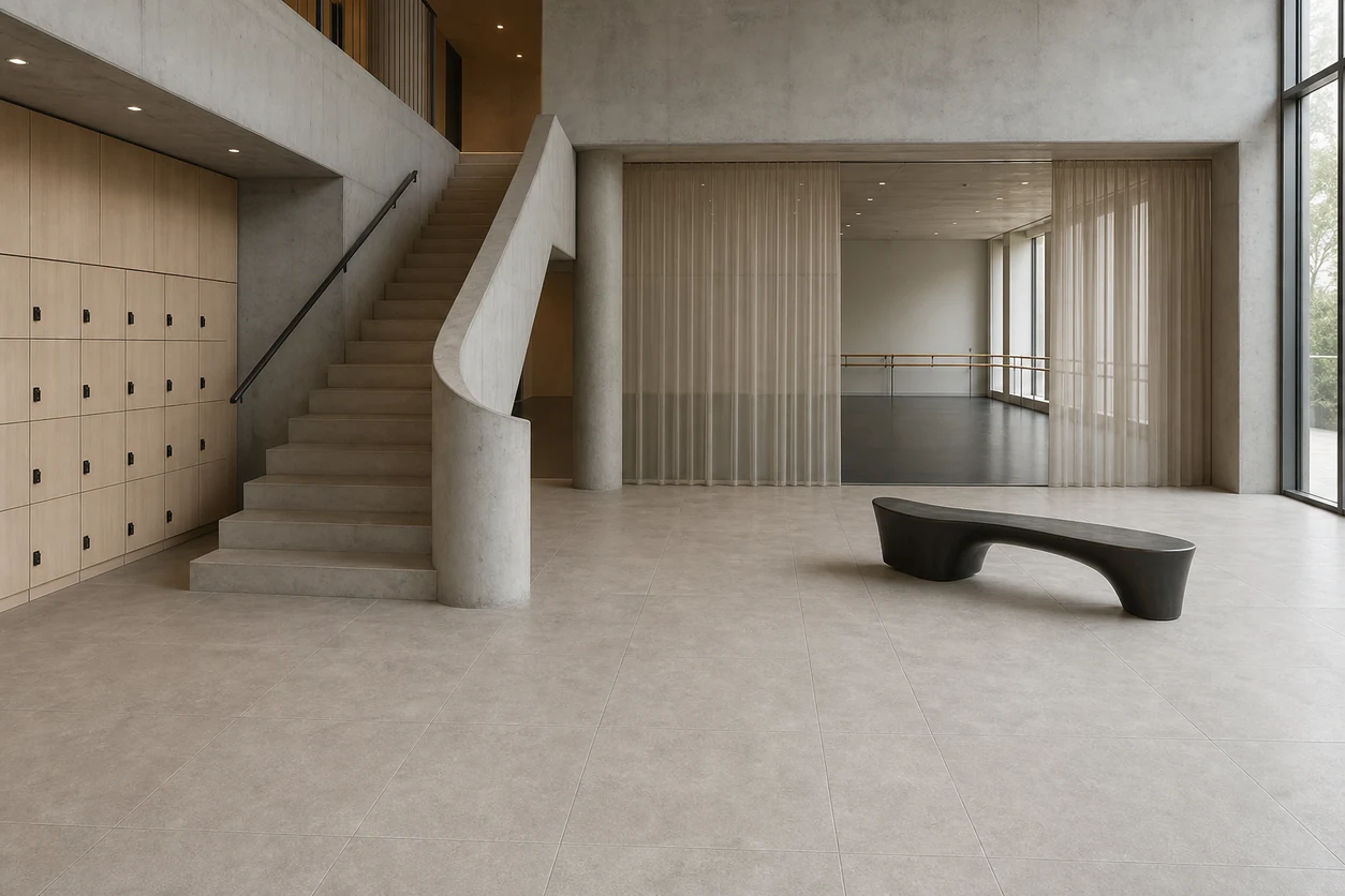 Pietra Tiburtina – Celio Cross porcelain tile in dance school lobby