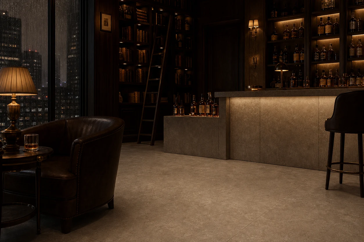 Pietra Tiburtina – Celio Cross porcelain tile in whiskey library