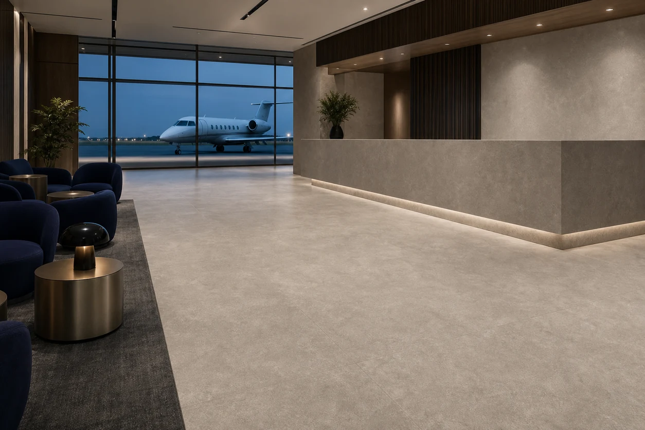 Pietra Tiburtina – Celio Cross porcelain tile in private aviation terminal