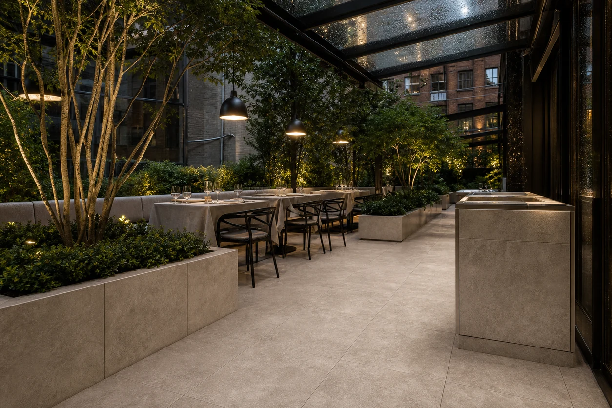 Pietra Tiburtina – Celio Cross porcelain tile in urban garden restaurant